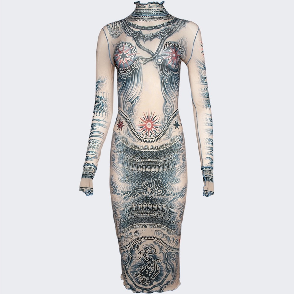 JEAN PAUL GAULTIER HIGH NECK PRINTED SOLEIL DRESS NUDE AND BLUE MEDIUM